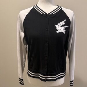 Justice 16/18 black & white w/ sparkly flower & bird decoration varsity jacket.